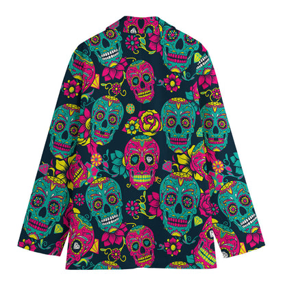Teal Pink Sugar Skull Pattern Print Women's Cotton Blazer
