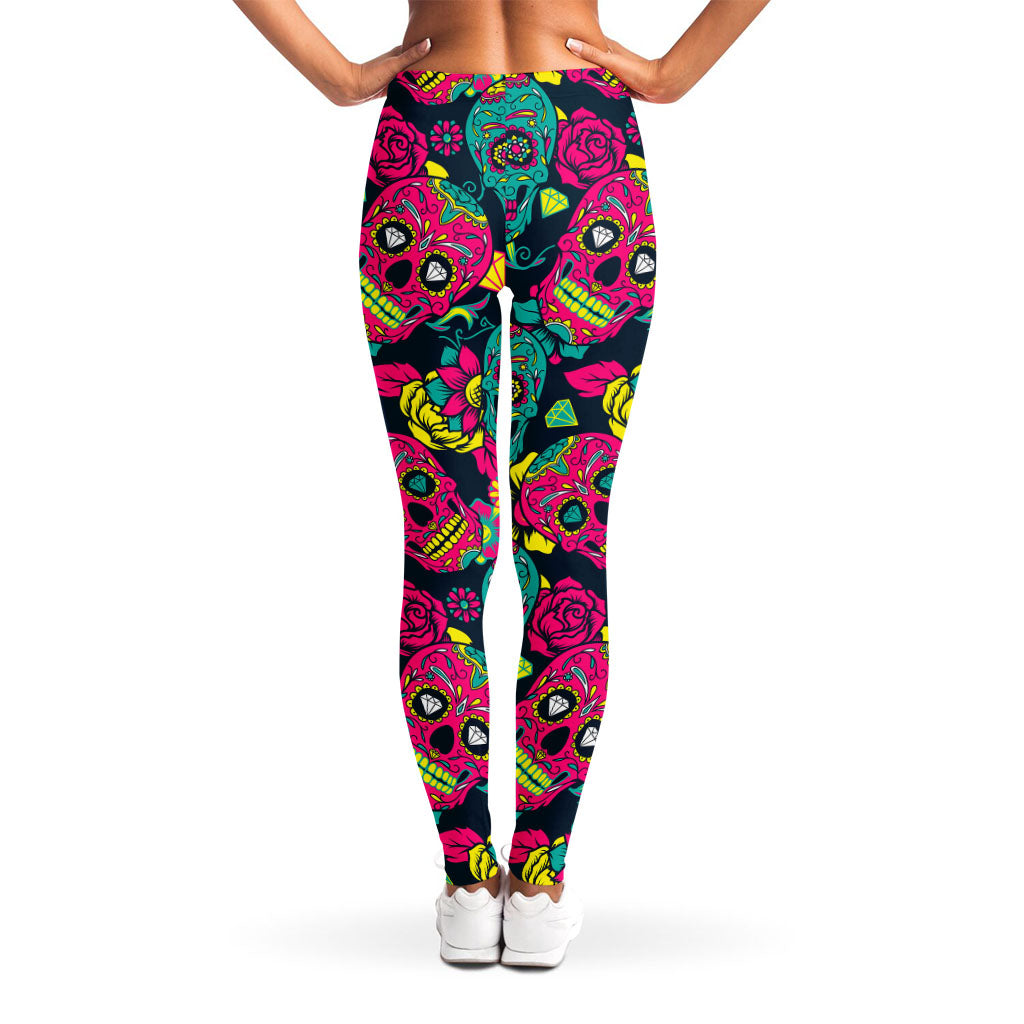Teal Pink Sugar Skull Pattern Print Women's Leggings