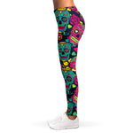 Teal Pink Sugar Skull Pattern Print Women's Leggings