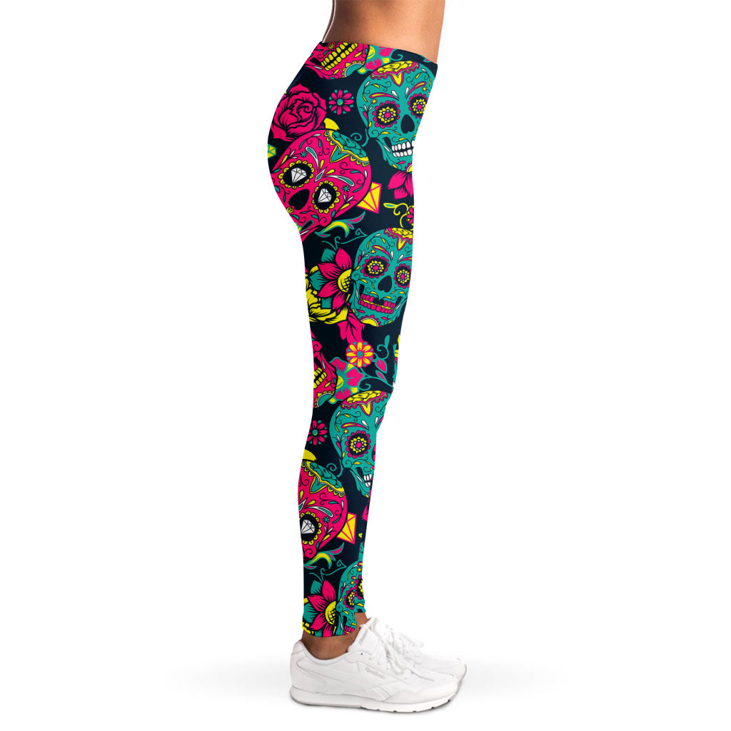 Teal Pink Sugar Skull Pattern Print Women's Leggings