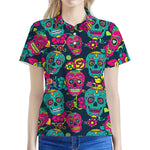 Teal Pink Sugar Skull Pattern Print Women's Polo Shirt