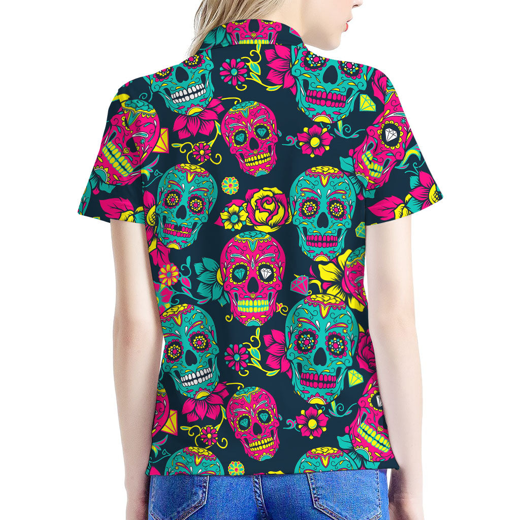 Teal Pink Sugar Skull Pattern Print Women's Polo Shirt