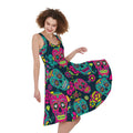 Teal Pink Sugar Skull Pattern Print Sleeveless Knee Length Dress