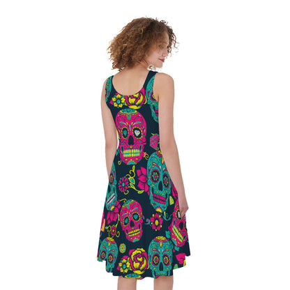 Teal Pink Sugar Skull Pattern Print Women's Sleeveless Dress