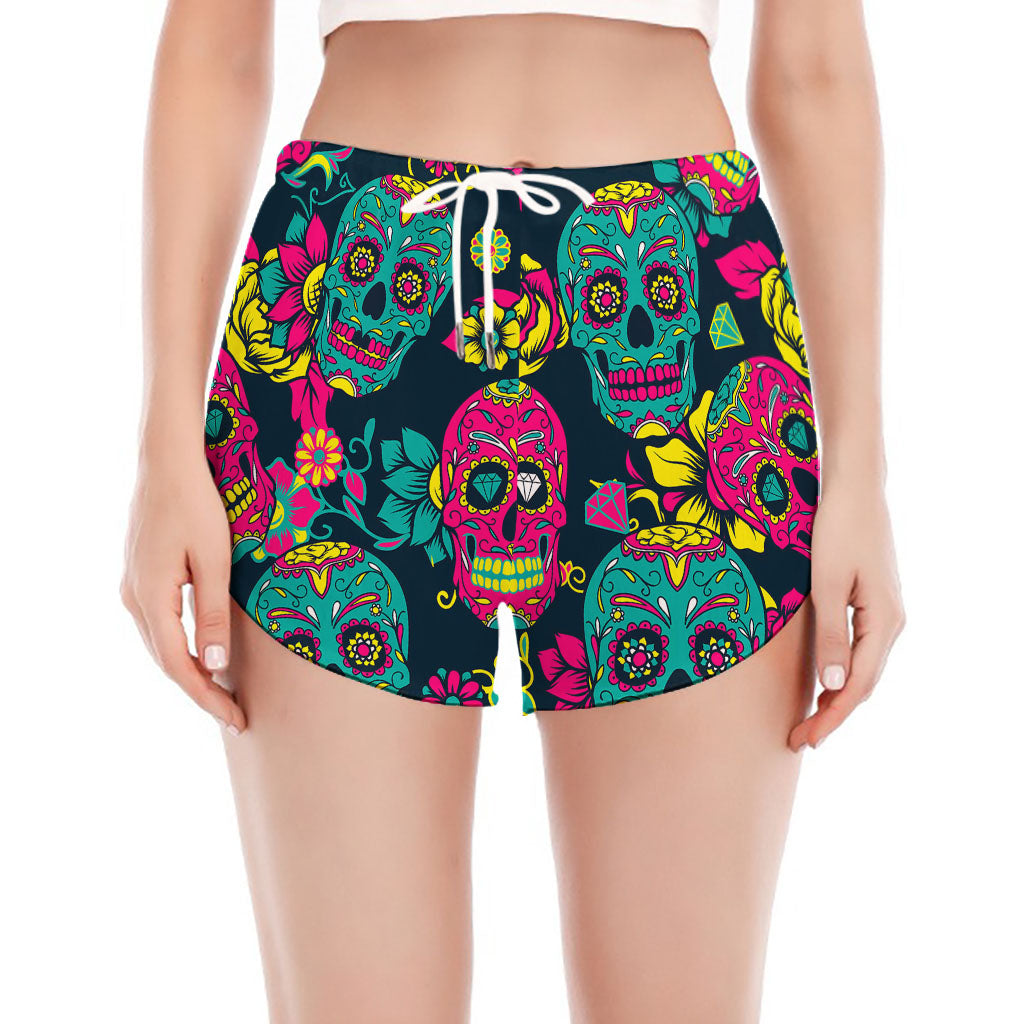 Teal Pink Sugar Skull Pattern Print Women's Split Running Shorts