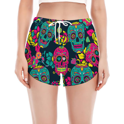 Teal Pink Sugar Skull Pattern Print Women's Split Running Shorts