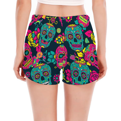 Teal Pink Sugar Skull Pattern Print Women's Split Running Shorts