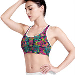 Teal Pink Sugar Skull Pattern Print Women's Sports Bra