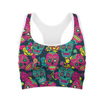 Teal Pink Sugar Skull Pattern Print Women's Sports Bra