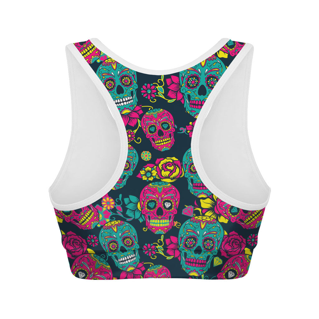 Teal Pink Sugar Skull Pattern Print Women's Sports Bra