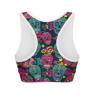 Teal Pink Sugar Skull Pattern Print Women's Sports Bra