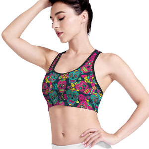 Teal Pink Sugar Skull Pattern Print Women's Sports Bra