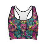 Teal Pink Sugar Skull Pattern Print Women's Sports Bra