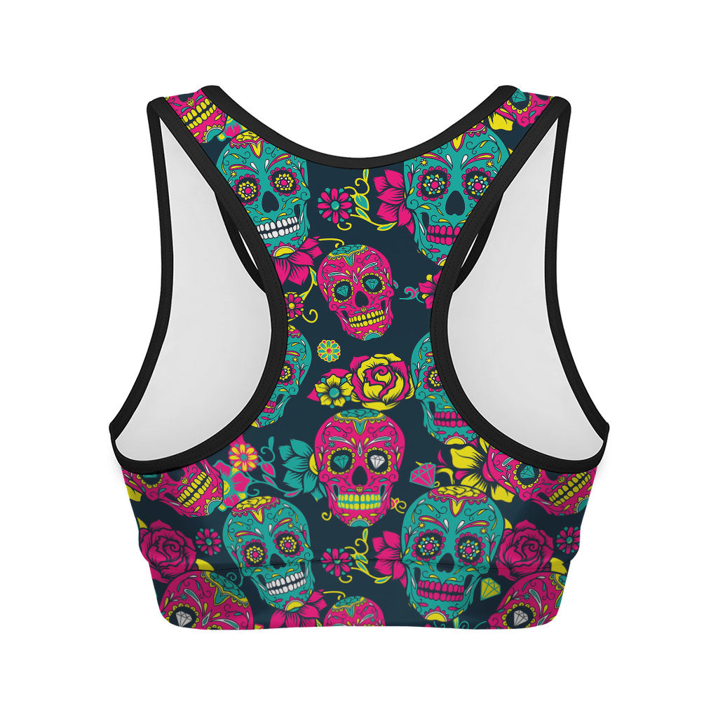 Teal Pink Sugar Skull Pattern Print Women's Sports Bra