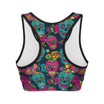 Teal Pink Sugar Skull Pattern Print Women's Sports Bra