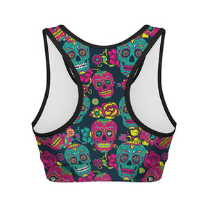 Teal Pink Sugar Skull Pattern Print Women's Sports Bra