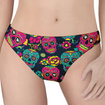 Teal Pink Sugar Skull Pattern Print Women's Thong