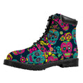 Teal Pink Sugar Skull Pattern Print Padded Collar Lace Up Boots