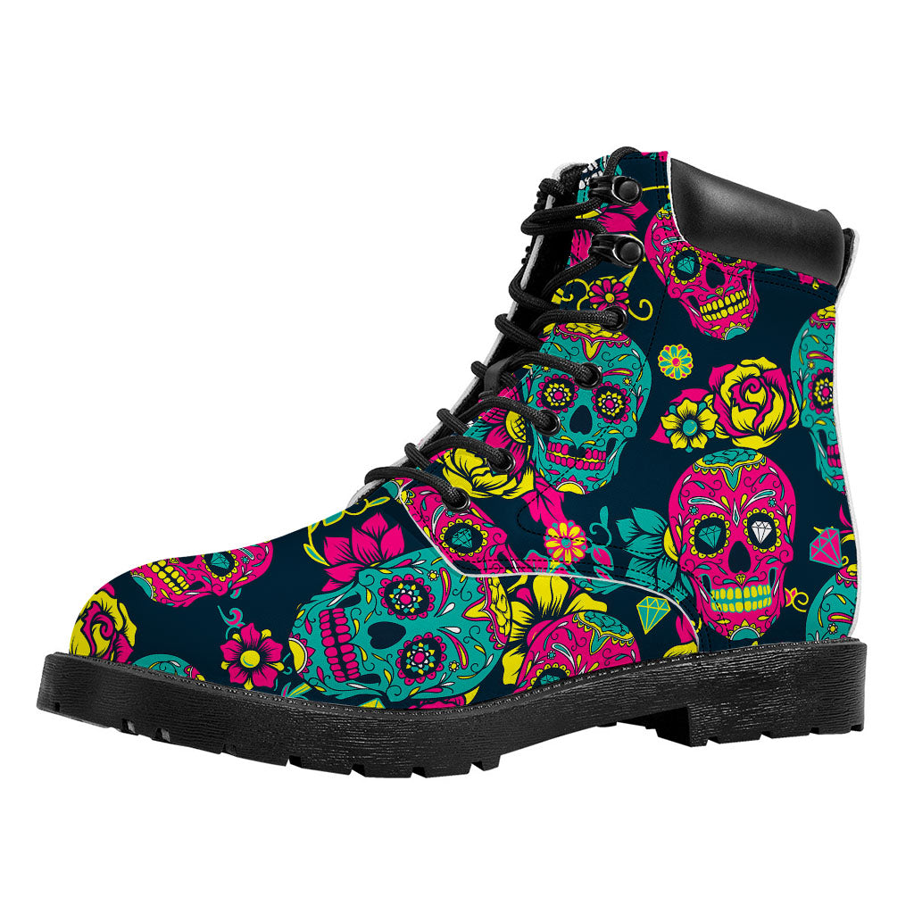 Teal Pink Sugar Skull Pattern Print Work Boots