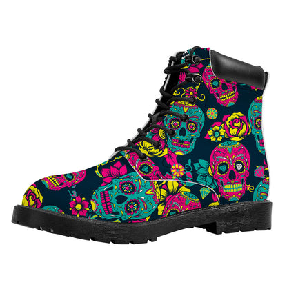 Teal Pink Sugar Skull Pattern Print Work Boots