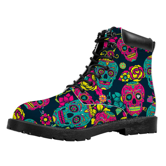 Teal Pink Sugar Skull Pattern Print Work Boots