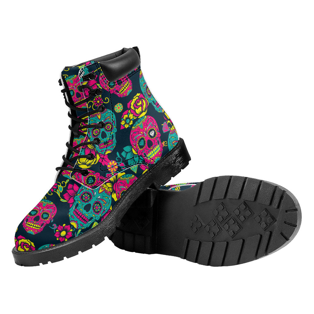 Teal Pink Sugar Skull Pattern Print Work Boots