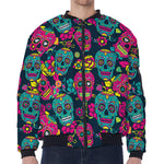 Teal Pink Sugar Skull Pattern Print Zip Sleeve Bomber Jacket