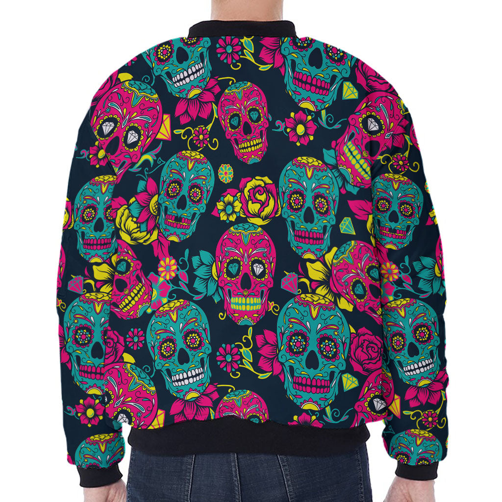 Teal Pink Sugar Skull Pattern Print Zip Sleeve Bomber Jacket