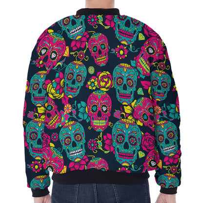 Teal Pink Sugar Skull Pattern Print Zip Sleeve Bomber Jacket