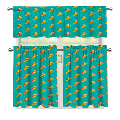 Teal Pizza Pattern Print 3 Piece Kitchen Curtains