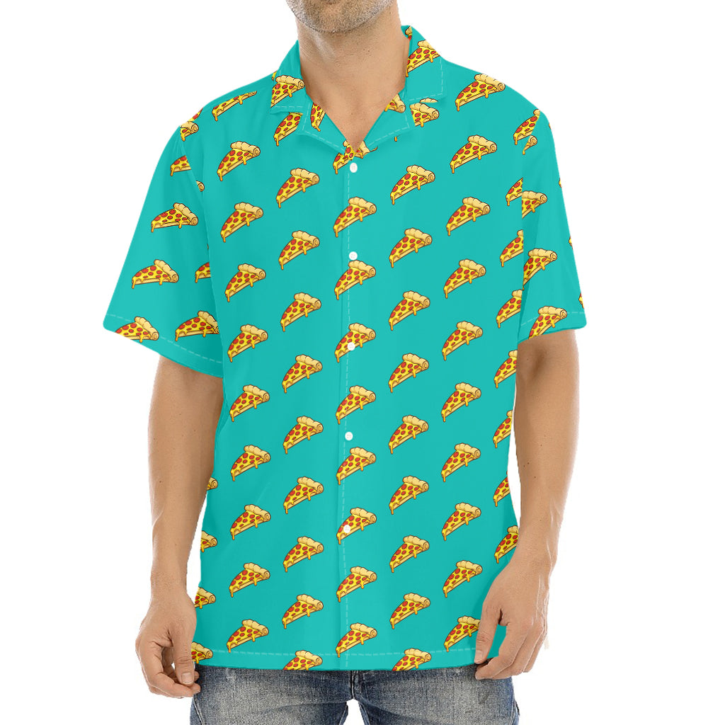 Teal Pizza Pattern Print Aloha Shirt