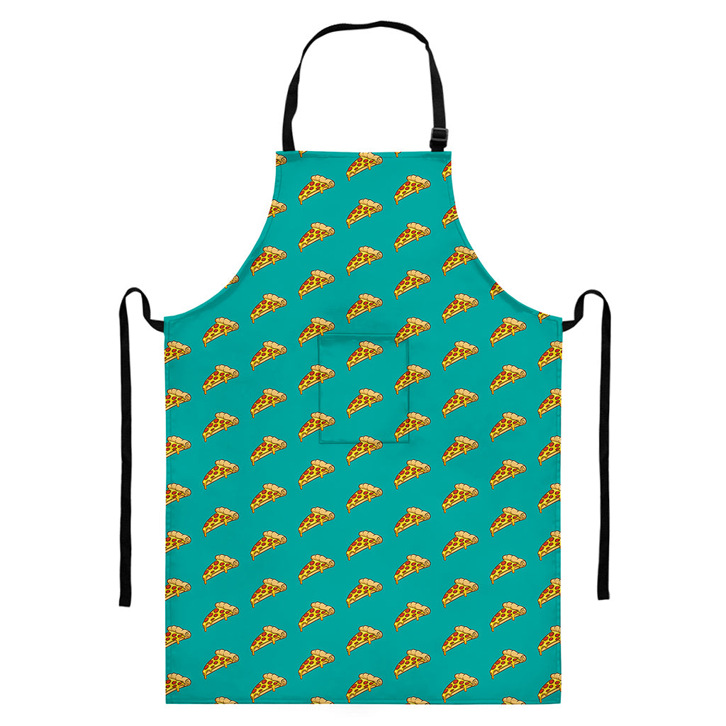 Teal Pizza Pattern Print Bib Apron With Pocket