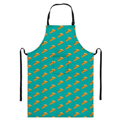 Teal Pizza Pattern Print Bib Apron With Pocket