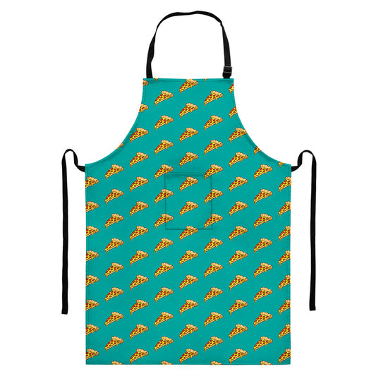 Teal Pizza Pattern Print Bib Apron With Pocket