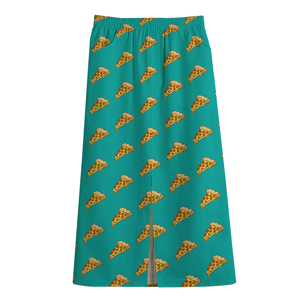 Teal Pizza Pattern Print Cotton Front Slit Maxi Skirt