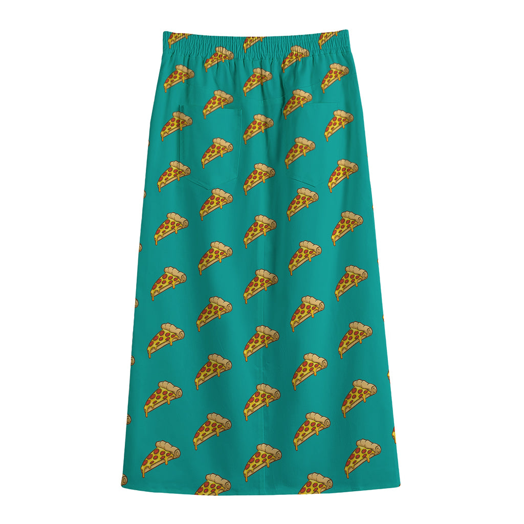 Teal Pizza Pattern Print Cotton Front Slit Maxi Skirt