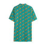 Teal Pizza Pattern Print Cotton Hawaiian Shirt