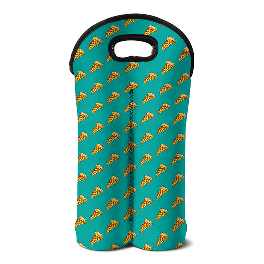 Teal Pizza Pattern Print Double Neoprene Wine Tote