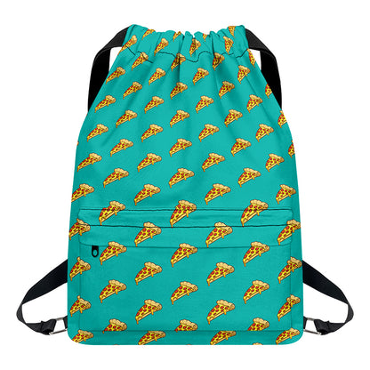 Teal Pizza Pattern Print Drawstring Backpack