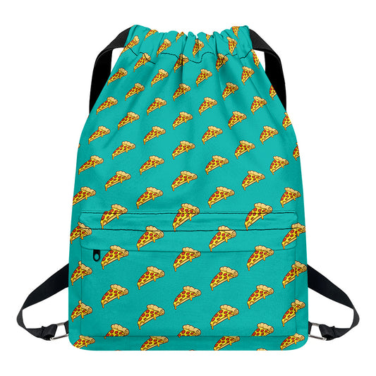 Teal Pizza Pattern Print Drawstring Backpack