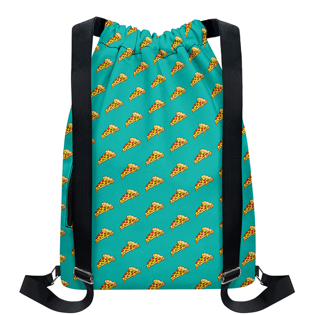 Teal Pizza Pattern Print Drawstring Backpack