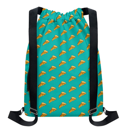 Teal Pizza Pattern Print Drawstring Backpack