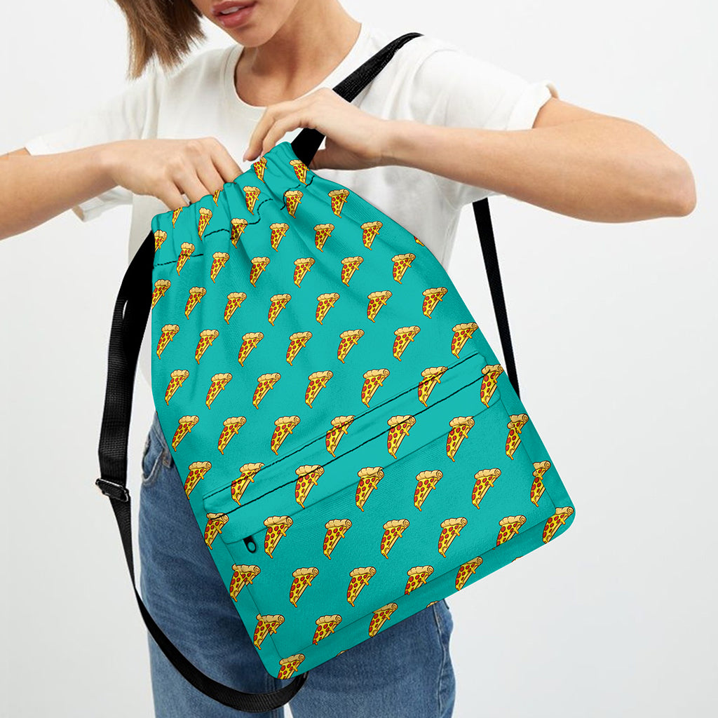 Teal Pizza Pattern Print Drawstring Backpack