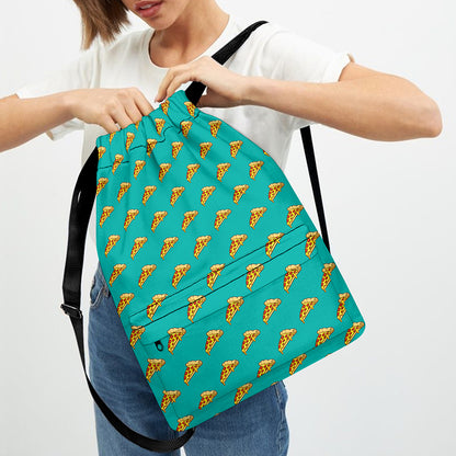 Teal Pizza Pattern Print Drawstring Backpack