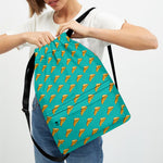 Teal Pizza Pattern Print Drawstring Backpack