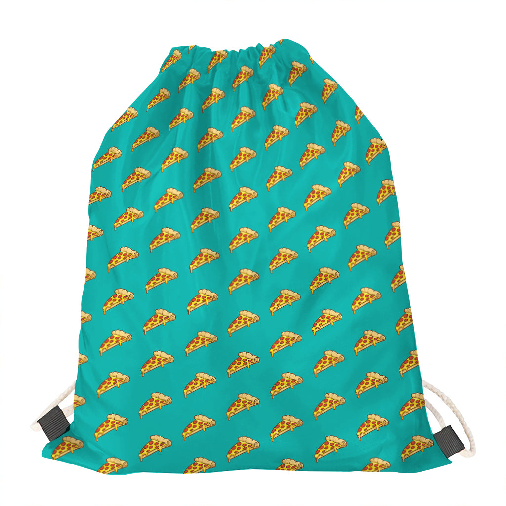 Teal Pizza Pattern Print Drawstring Bag