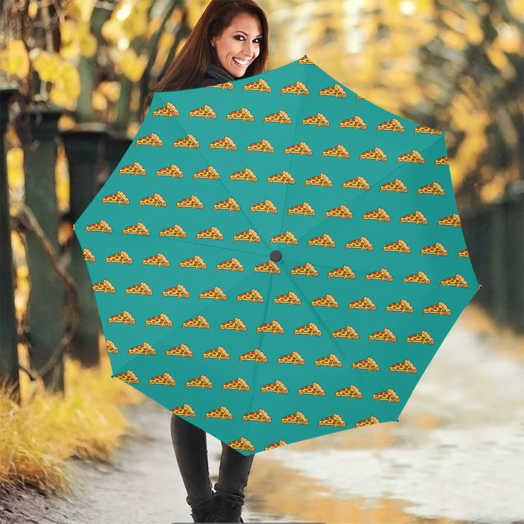 Teal Pizza Pattern Print Foldable Umbrella