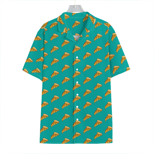 Teal Pizza Pattern Print Hawaiian Shirt