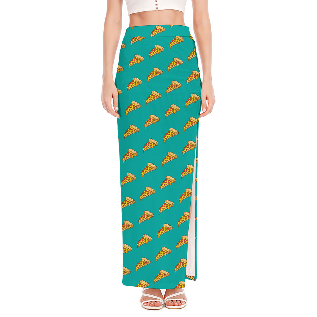 Teal Pizza Pattern Print High Slit Maxi Skirt