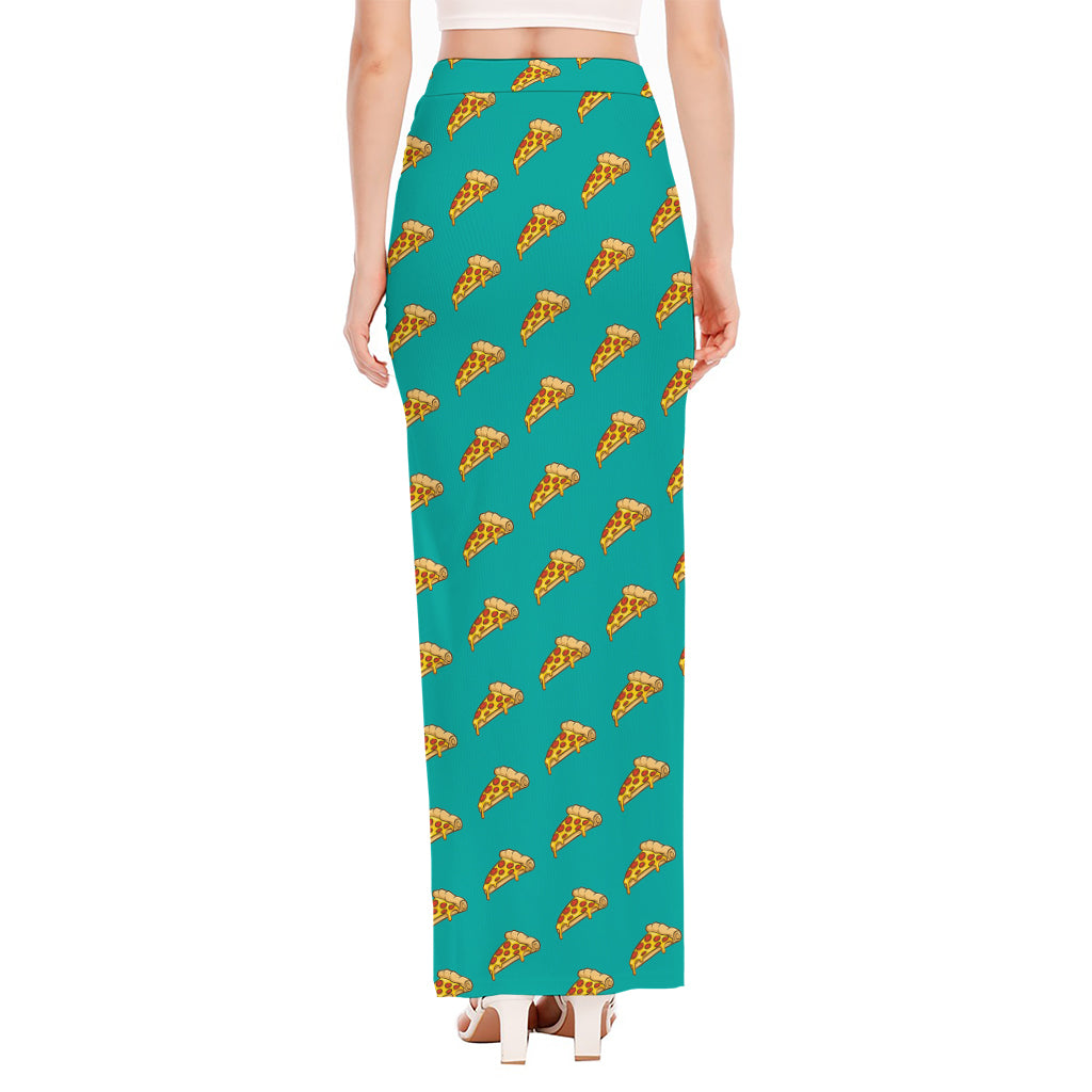 Teal Pizza Pattern Print High Slit Maxi Skirt